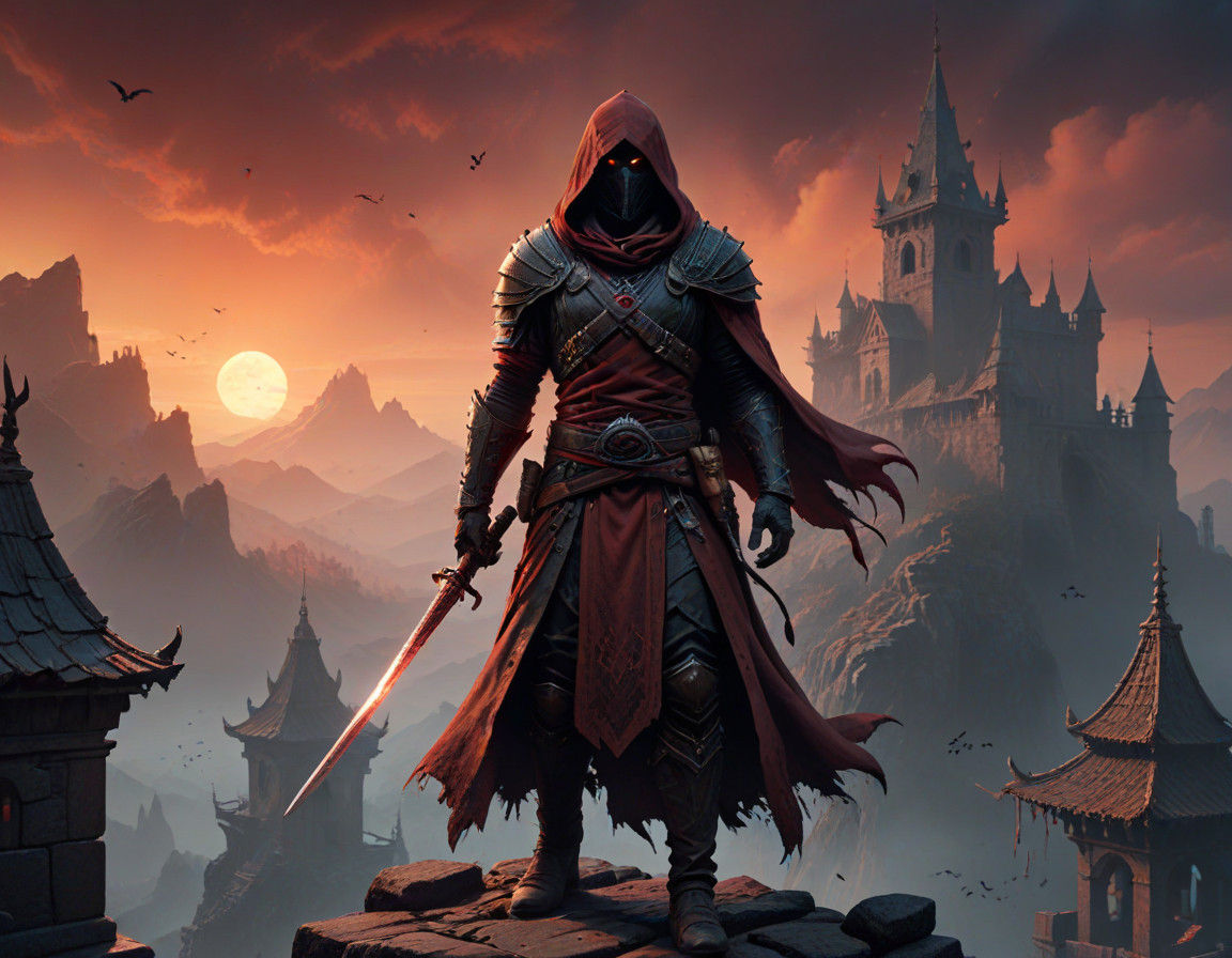 Dark Fantasy Assassin in Moonlit Medieval City