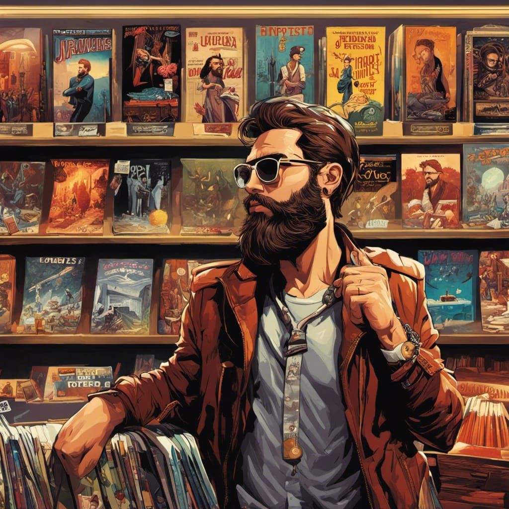 Hipster Shopping for Vinyls in Comic Book Style