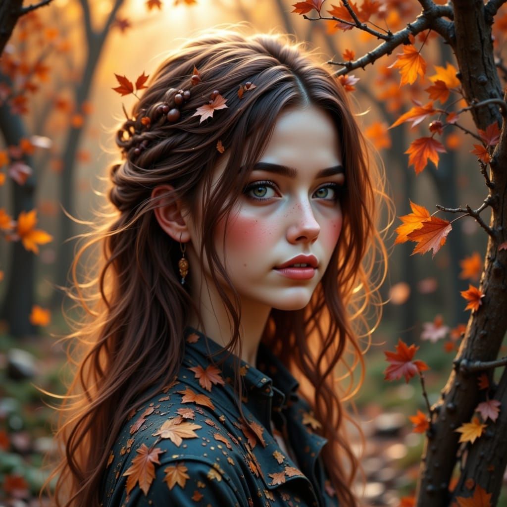 Autumn Evening Face on Dry Branch