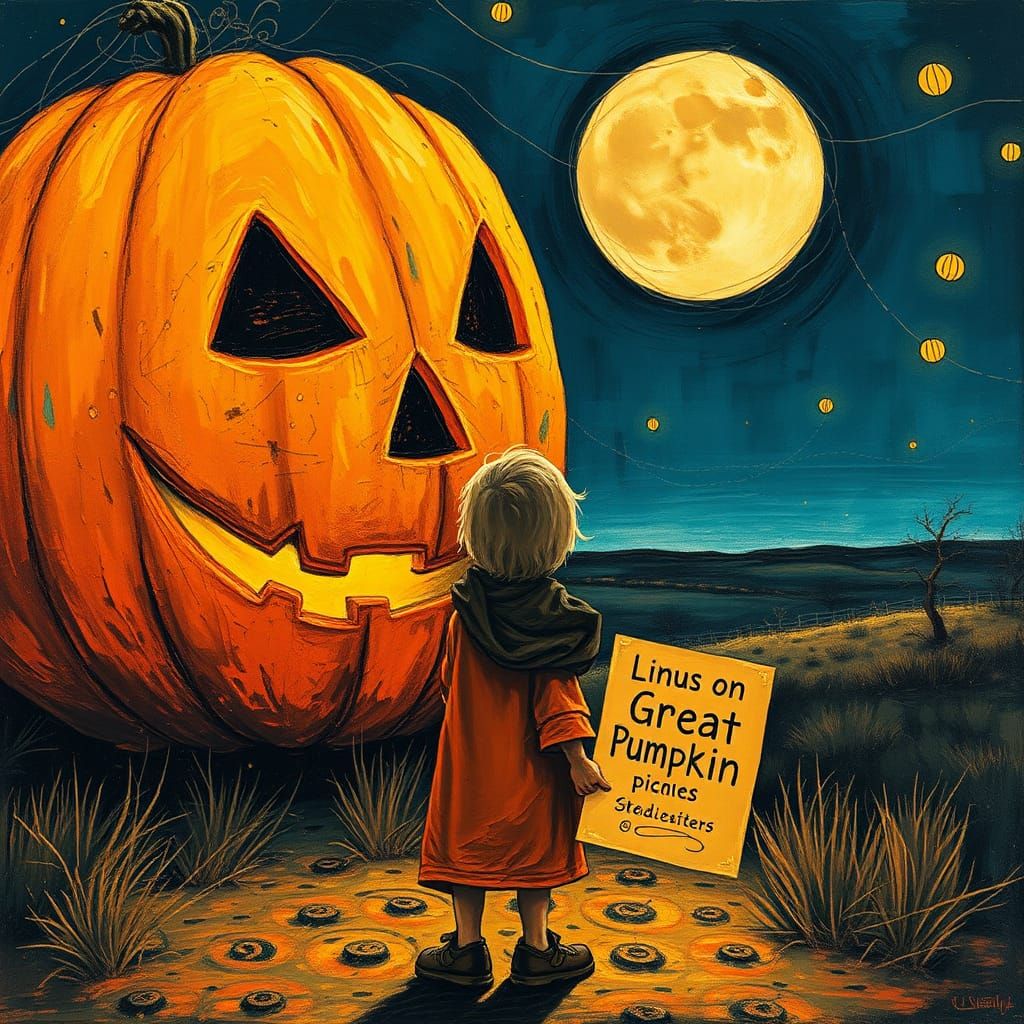 Linus and Glowing Jack-o-Lantern in Impasto Style