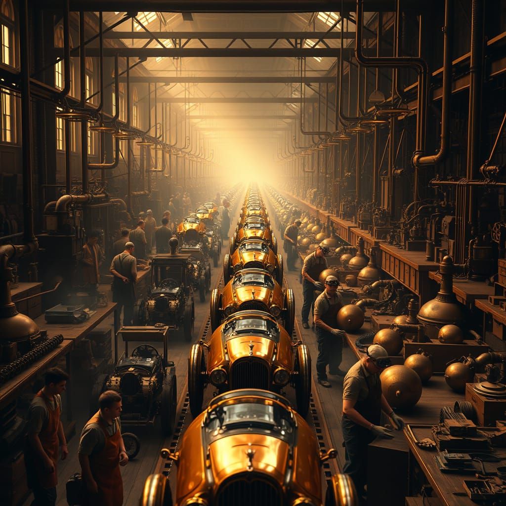 Victorian-Era Steampunk Factory in Warm, Golden Light