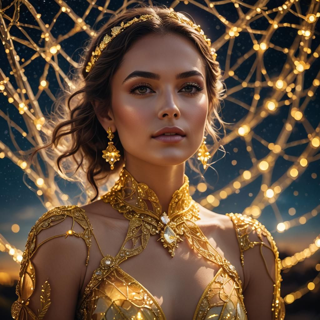 Woman in Yellow Glass Dress Under Night Sky