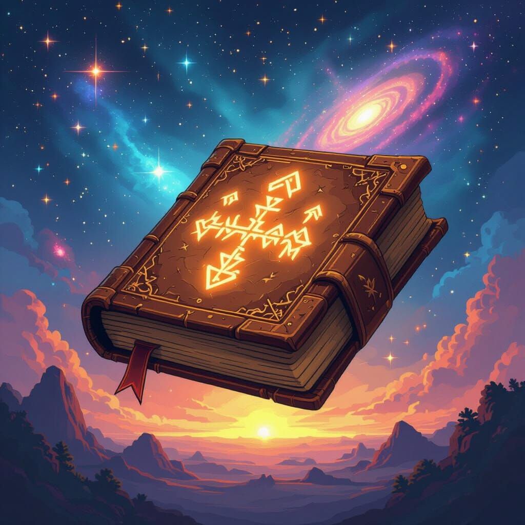 Glowing Runes on Ancient Book in Pixel Art Style
