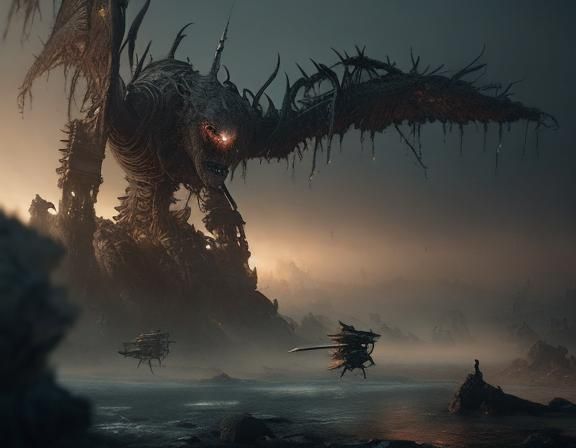 Epic Titan Battles Army in Fiery Landscape