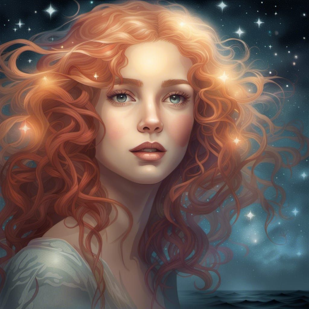 Red-Haired Beauty Under Starry Night Sky