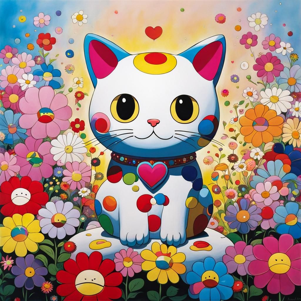 Cute Cat Surrounded by Flowers in Pop Art Style