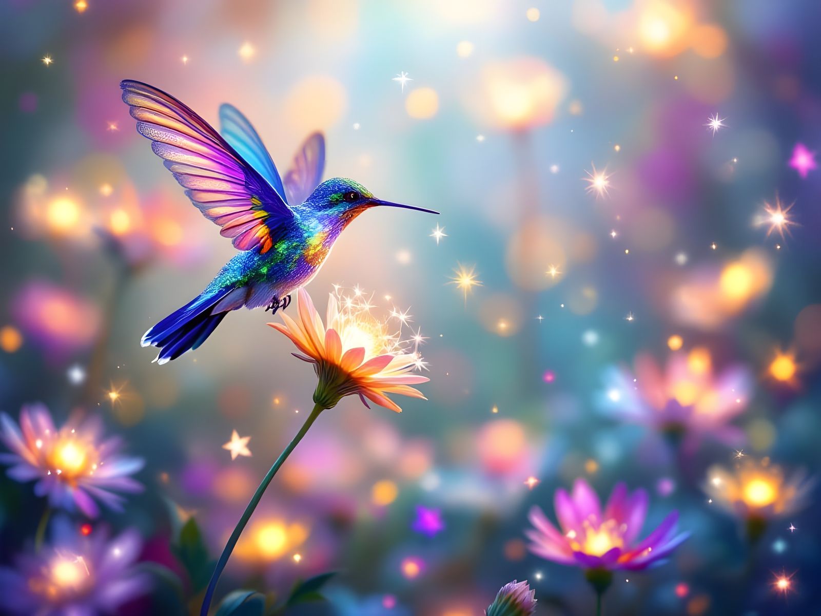 Magical Hummingbird Amidst Glowing Dandelions and Ethereal B...