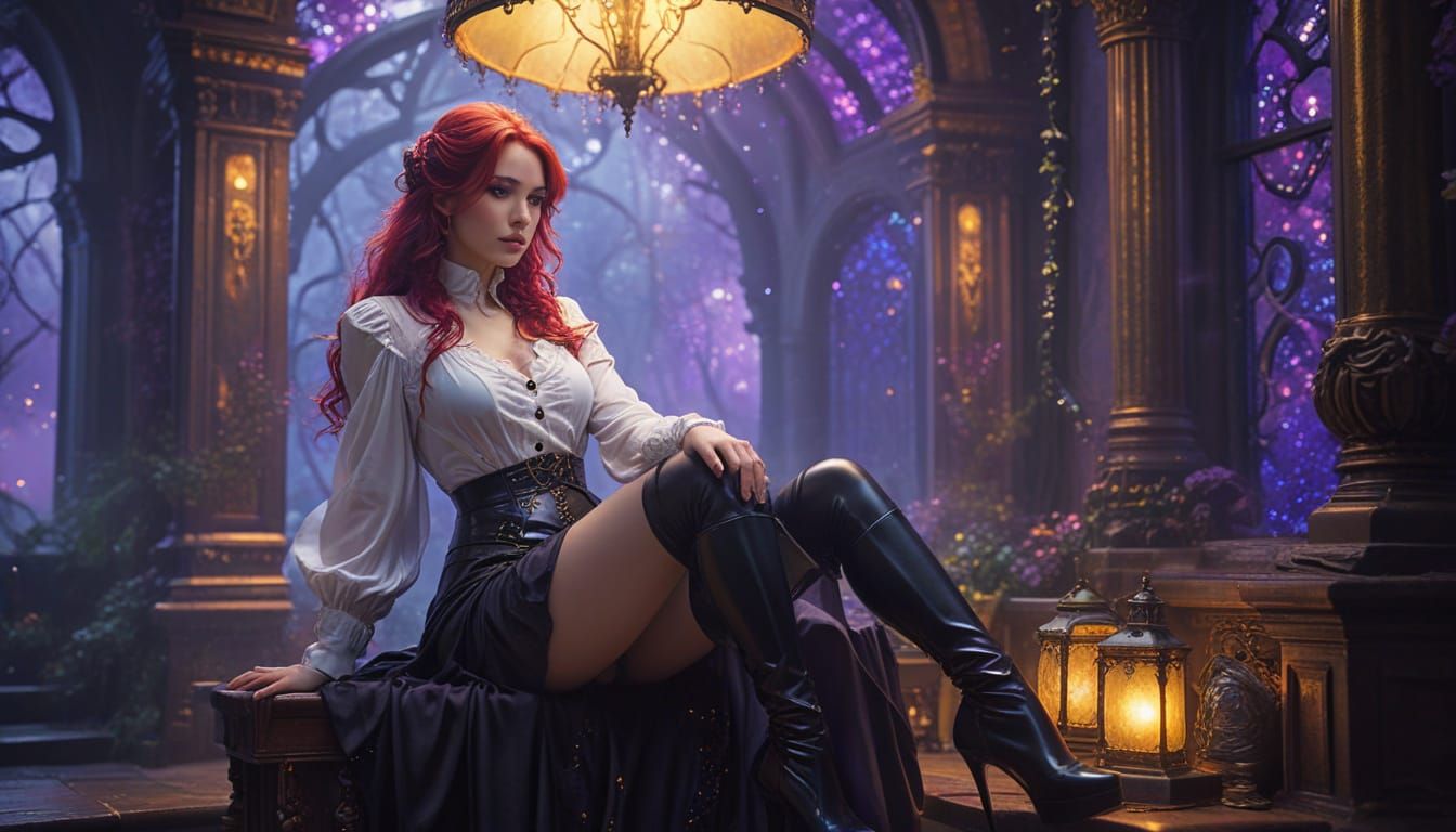 A woman with very long red hair is wearing a white latex but...