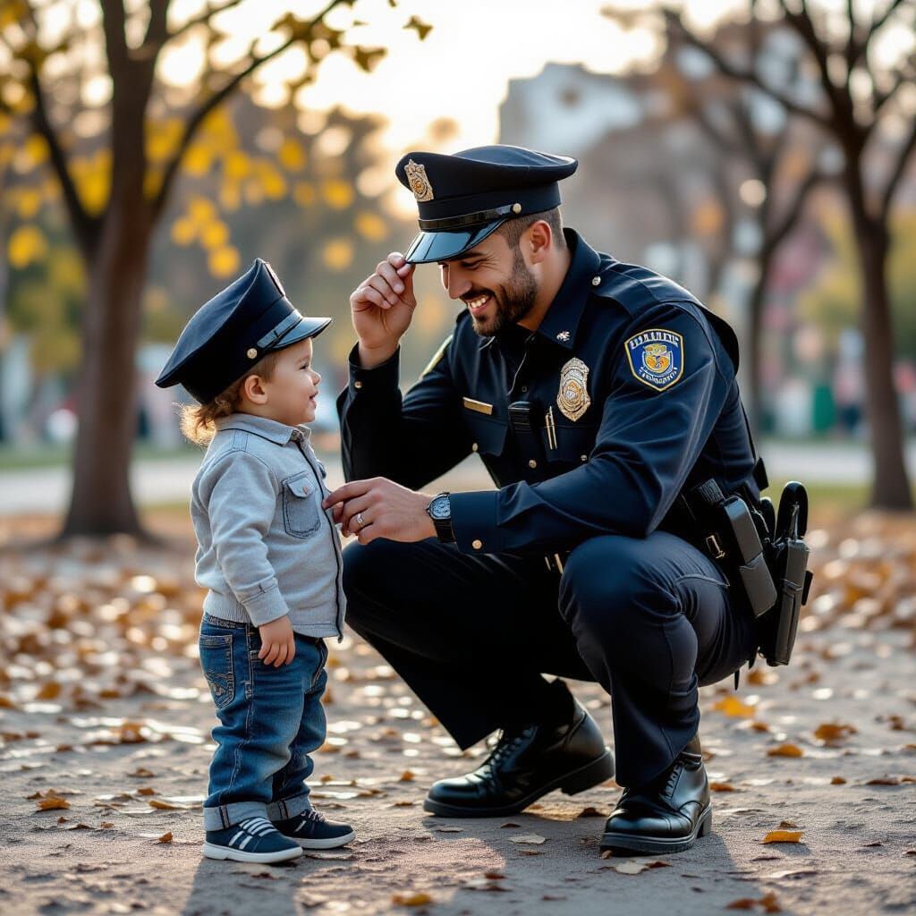 Police Officer Places Cap on Smiling Child in Park