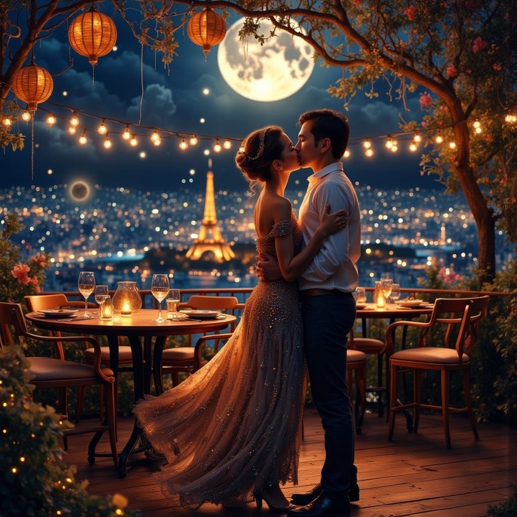 Romantic Restaurant Terrace Under Full Moon with Dancing Cou...