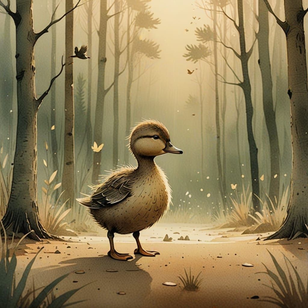 Dancing Duckling in Misty Forest, Watercolor Art