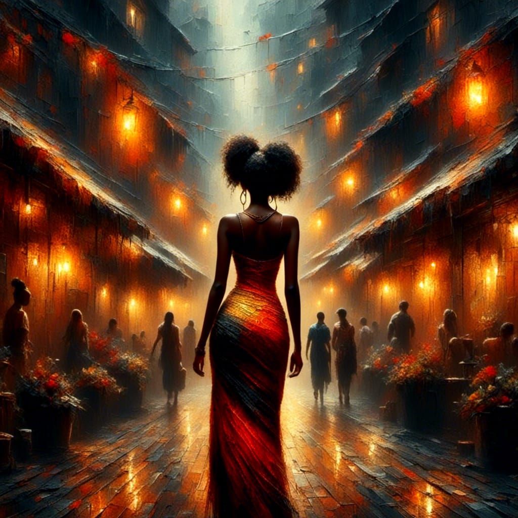 Stunning African Woman Walking in Chiaroscuro Chalk Art