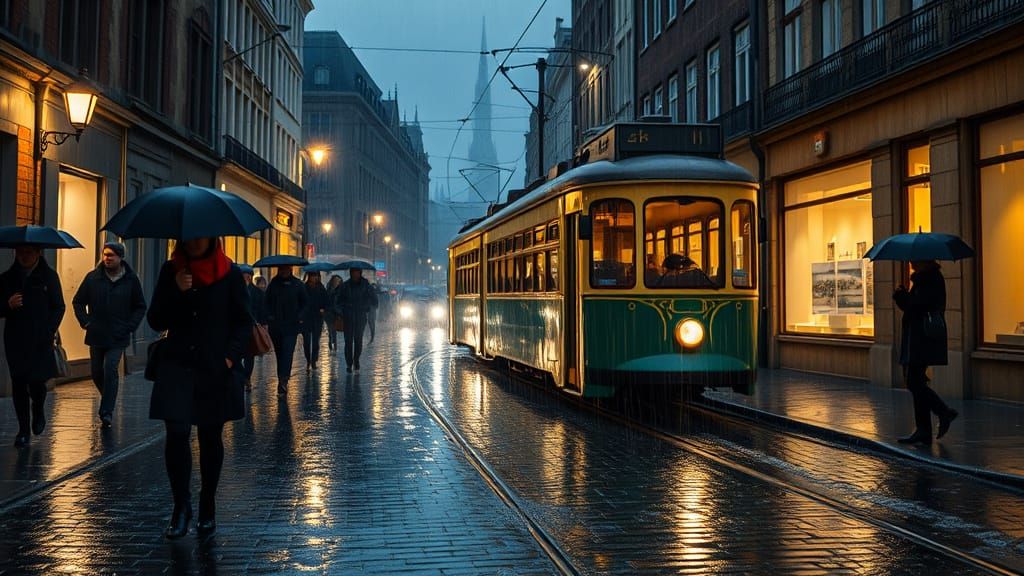 Rainy Night in Brussels: Cobblestones and Golden Light