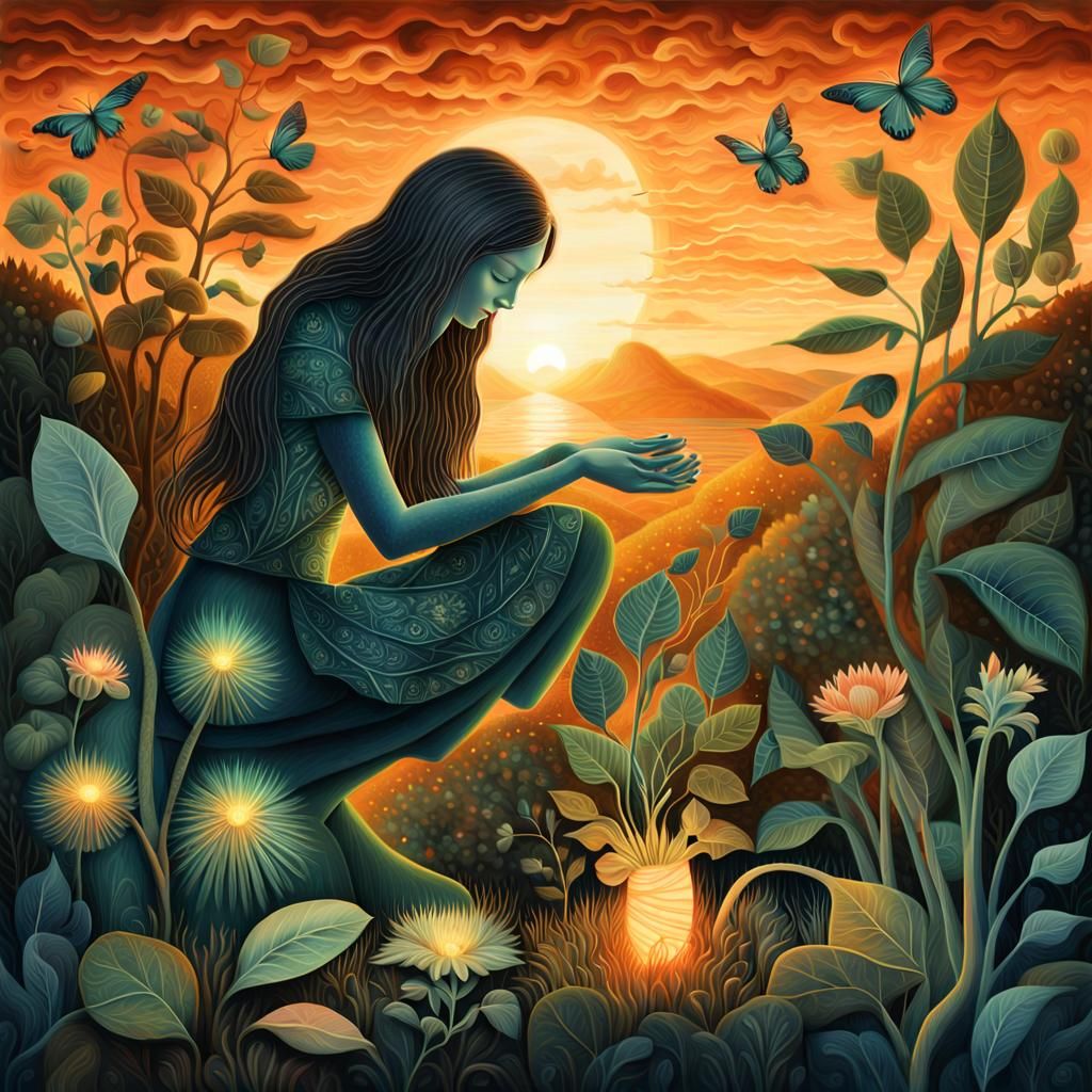 Glowing Bio Art Collage of Woman with Plant Hopper