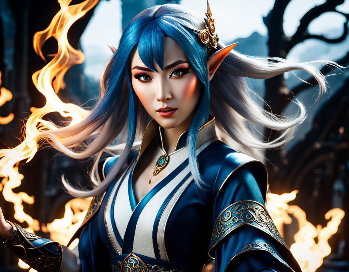 Intricate Flames with Asian Elf in Fantasy Style