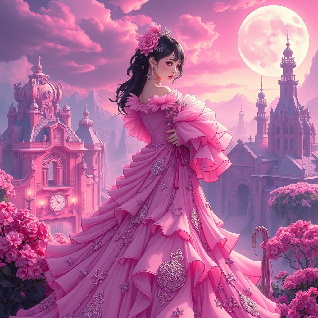 Anime Woman in Pink Gown: Manga-Inspired Art