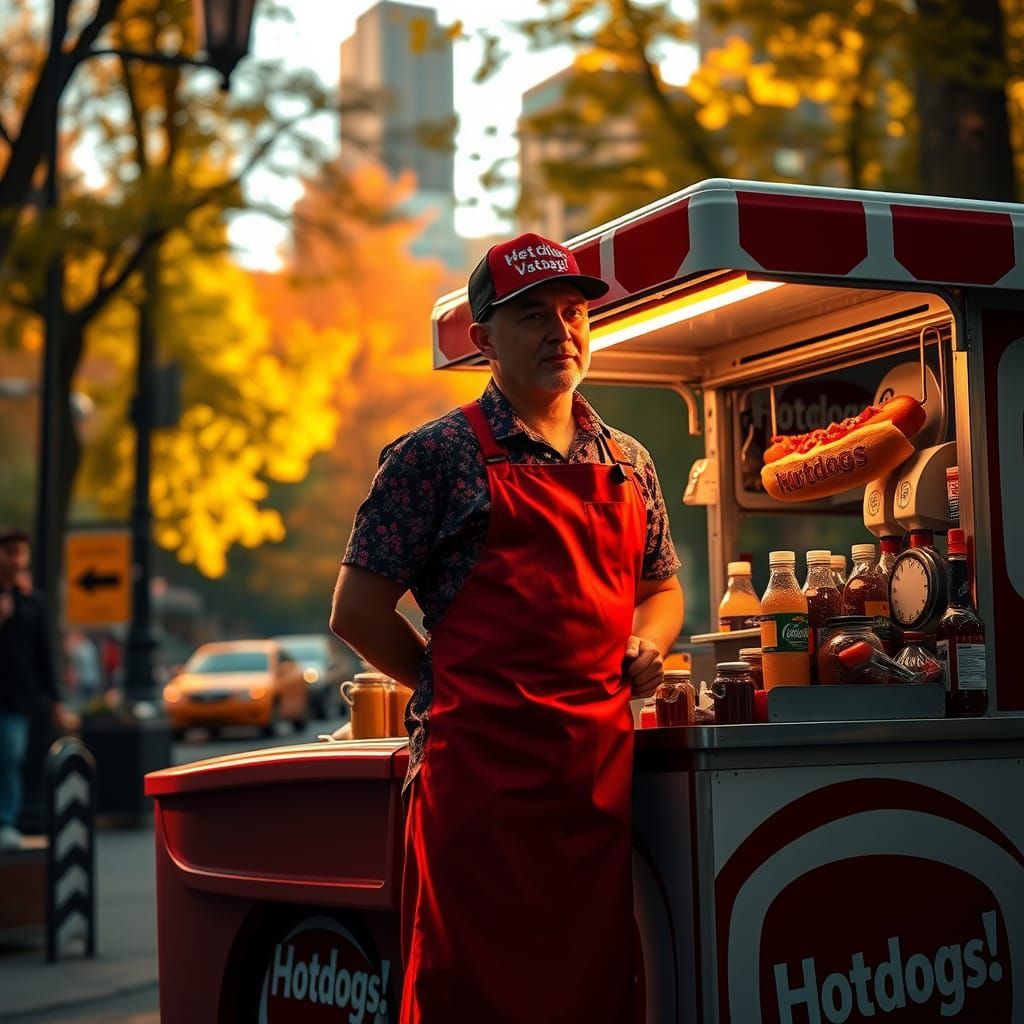 Hyperrealistic Hotdog Vendor in Central Park