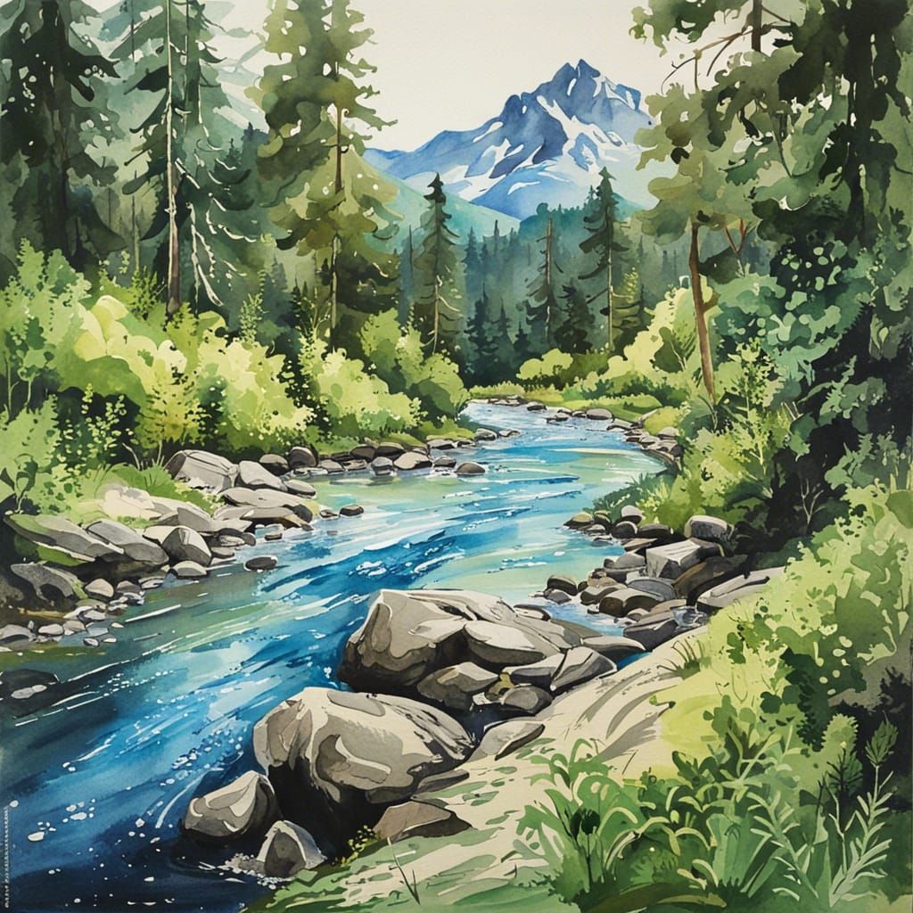 Shishkin-Style Watercolor Landscape with Blue River