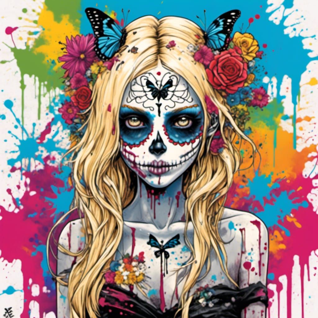 Cartoon Zombie Girl with Rainbow Graffiti
