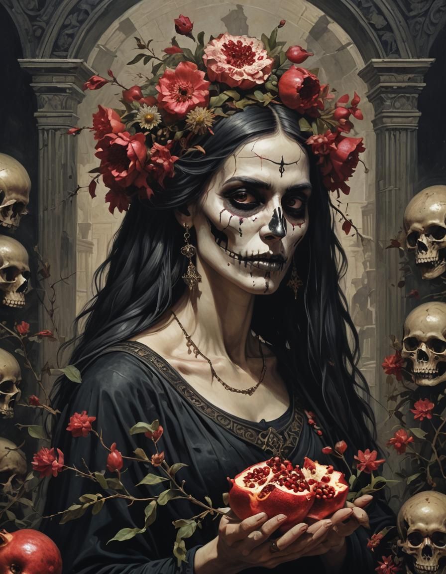 Gothic Persephone with Pomegranate and Skulls