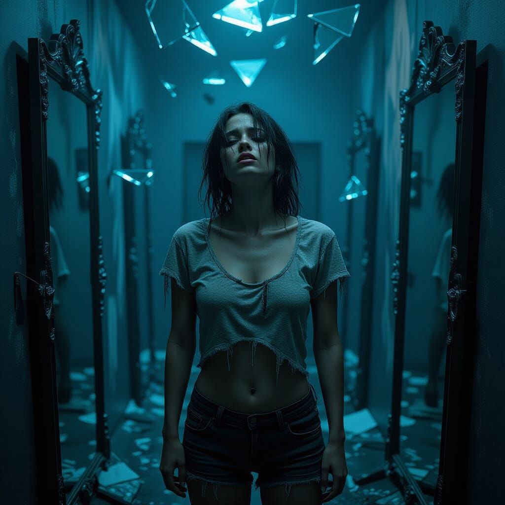 Distressed Figure in Surreal, Dimly Lit Room