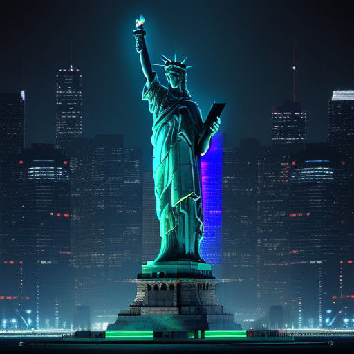 Statue of Liberty in Neon-Lit Futuristic Cityscape