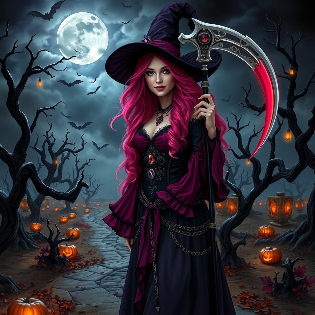 Gothic Grim Reaper Witch in Dark Fantasy Landscape