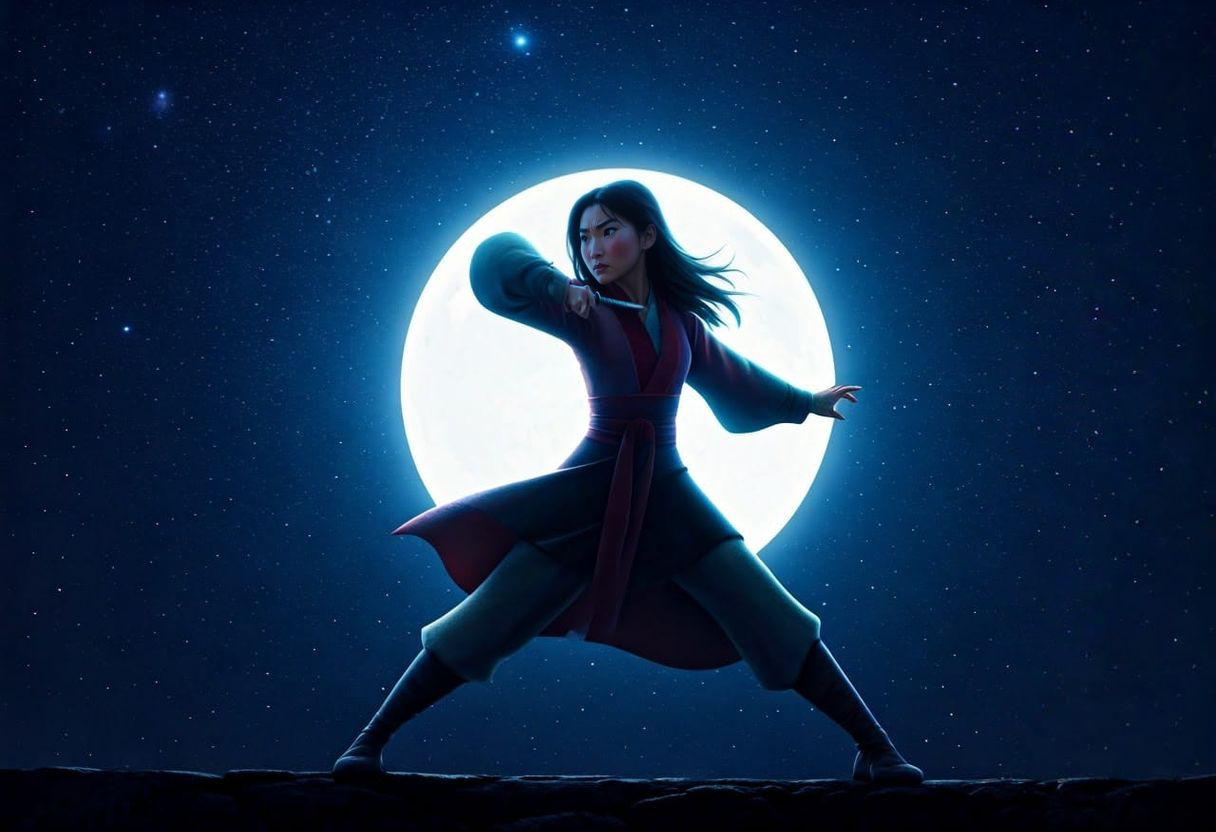 Mulan Trains Under the Low Full Moon in Photorealistic Cinem...
