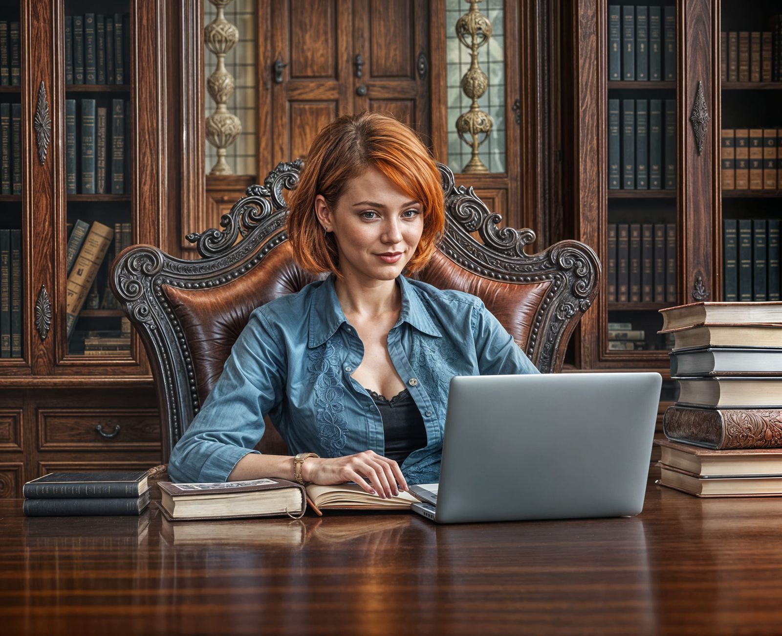 Red-Haired CEO at Mahogany Desk: Photorealistic Image