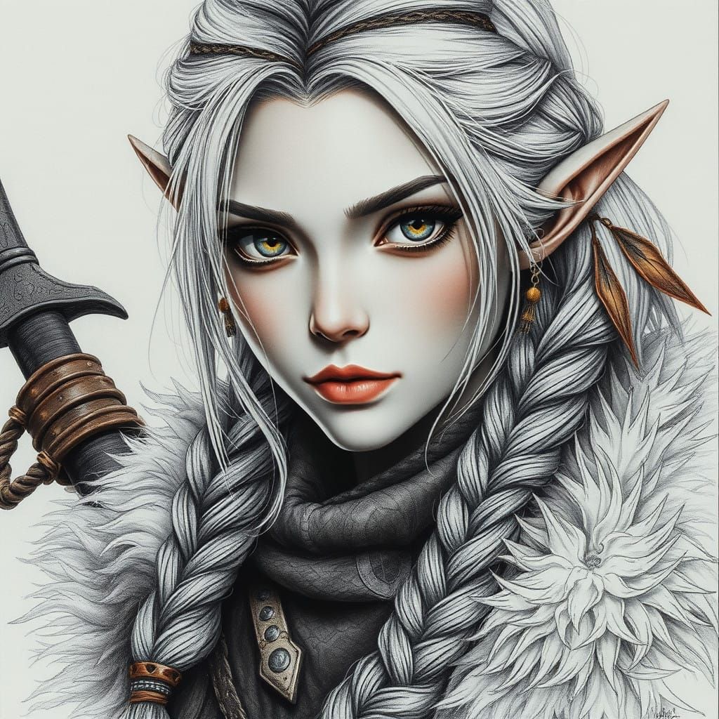 hyperdetailed charcoal drawing executed primarily in charcoal, braided blonde haired medieval female barbarian elf, wear...