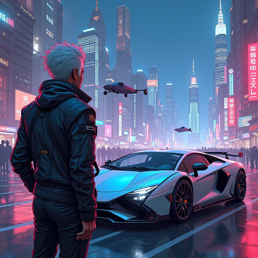 Futuristic Cityscape: Elderly Man in Cyberpunk Anime Style