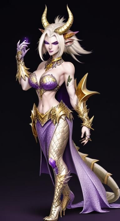 Anthro Dragon Woman with Silver Scales and Gold Horns