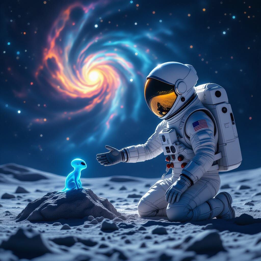 Astronaut Reaches for Alien Under Nebula, Sci-Fi Epic Style