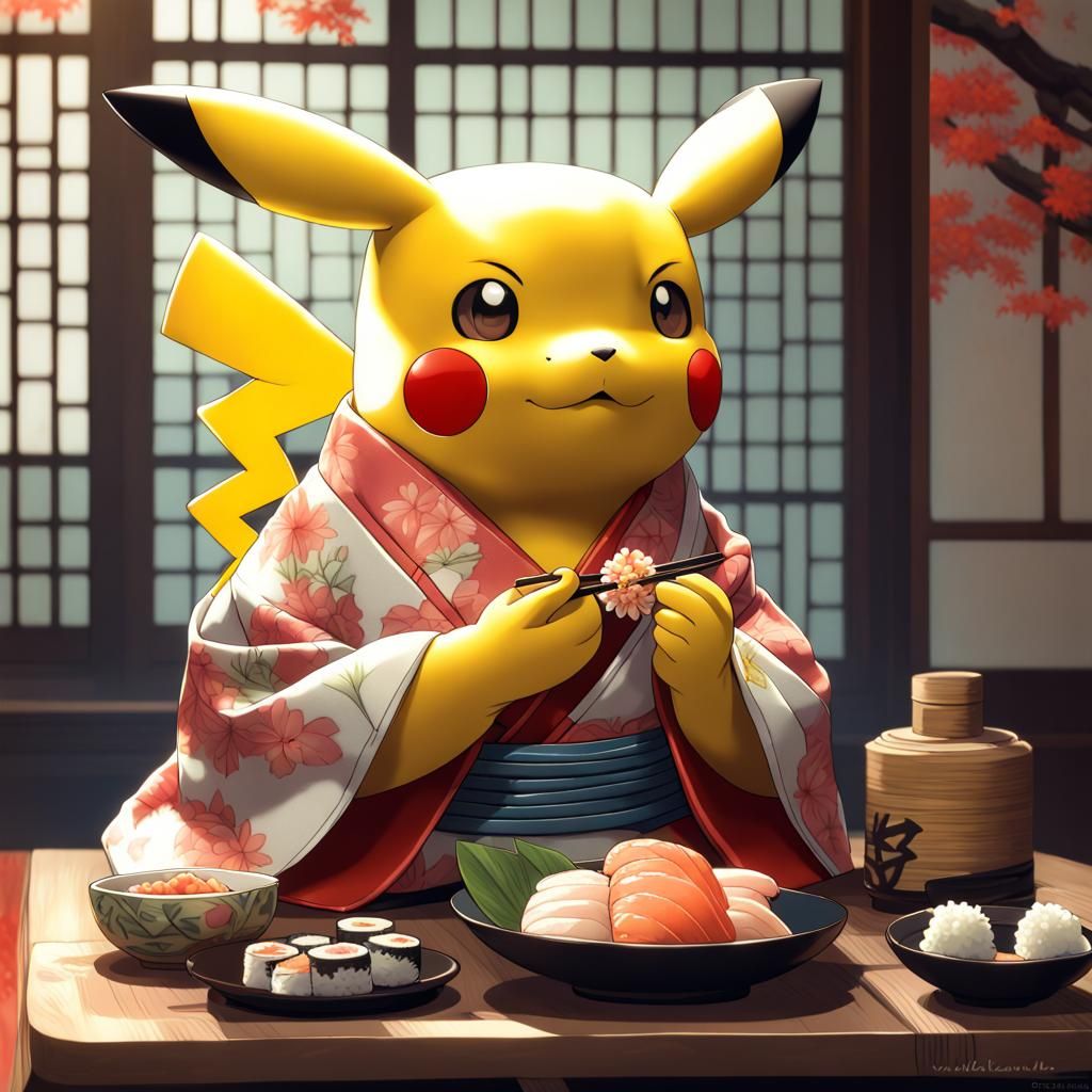 Pikachu in Kimono Eating Sushi, Hyperdetailed Portrait