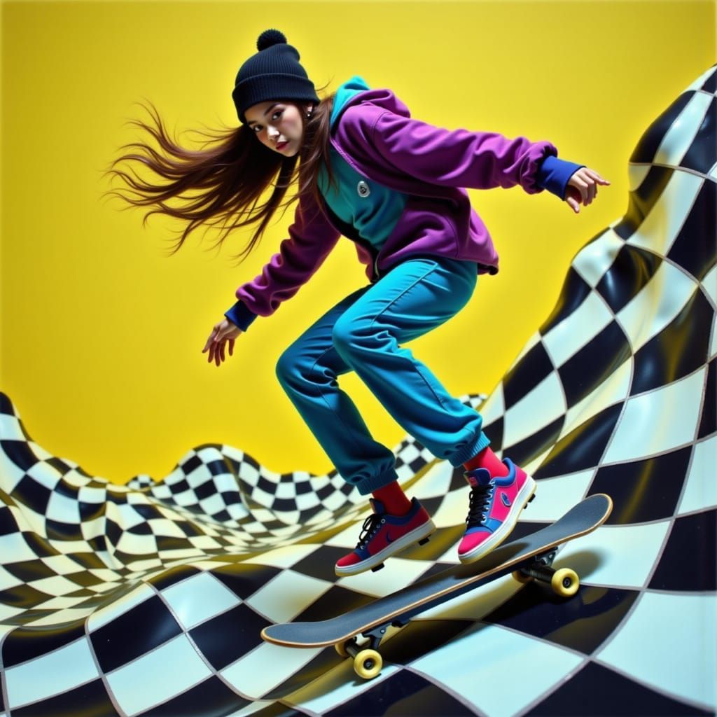 Neon Skater Girl in Retro Cinematic Style