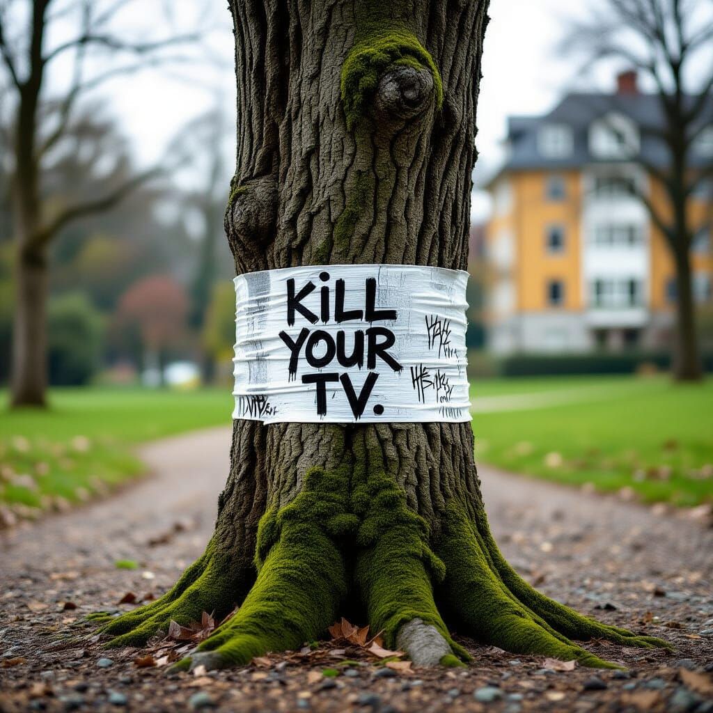 Tree Trunk Graffiti "KILL YOUR TV" Realistic Photorealism