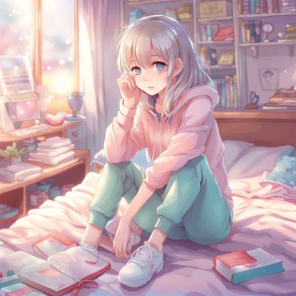 Anime Girl Cleaning Room in Dreamy Pastel Colors