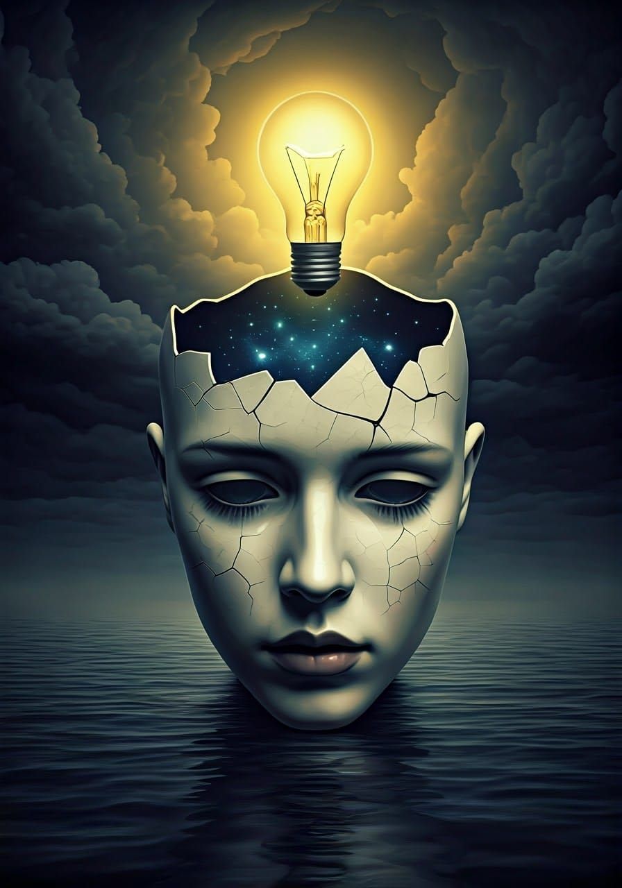 Surreal Porcelain Face Emitting Stars Over Stormy Lake