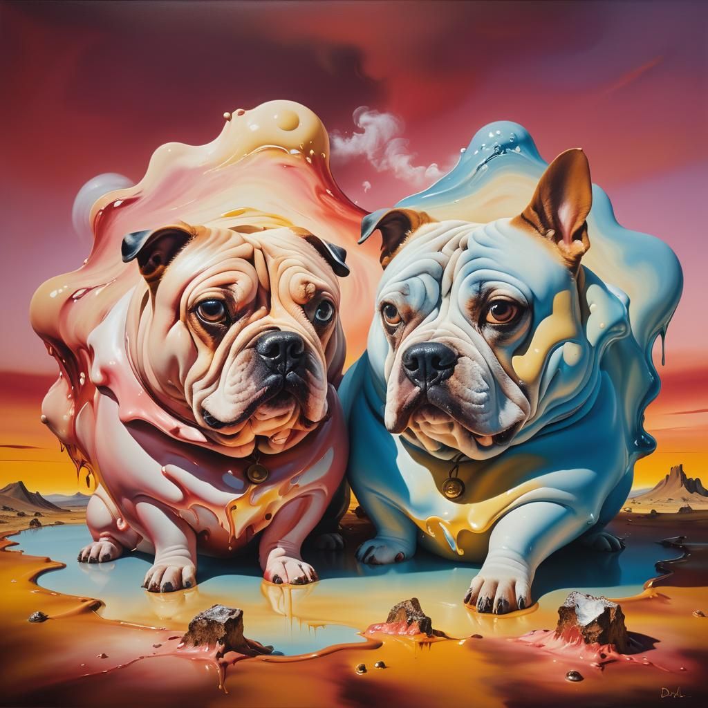 Surreal Dogs in Melting Landscape, Oil on Canvas