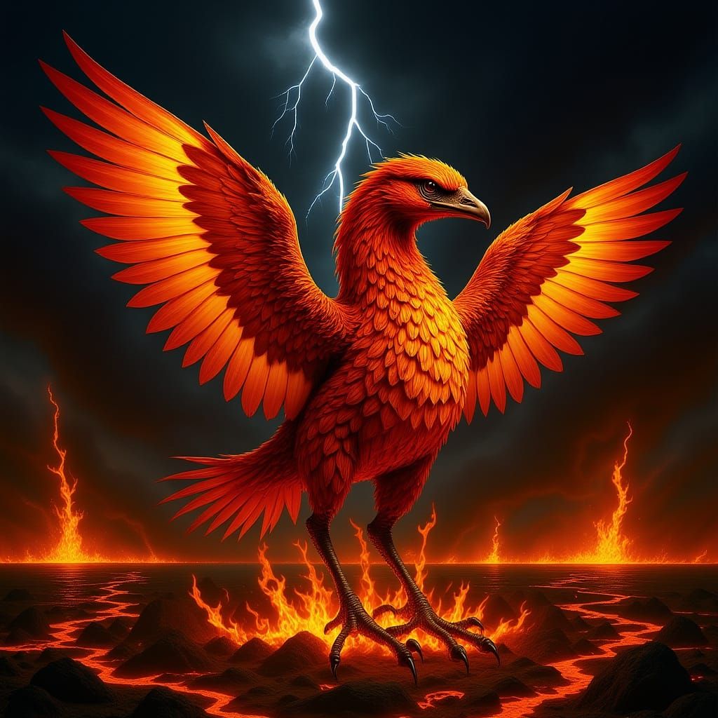 Fiery Phoenix Rising from Molten Landscape