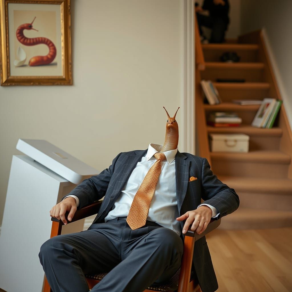 an earthworm in suit sitting on apple chair behind tin can desk