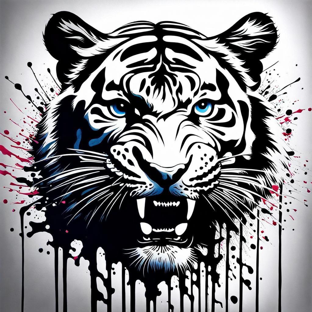 Detailed Ink Tiger Crouching in Abstract Splash Art