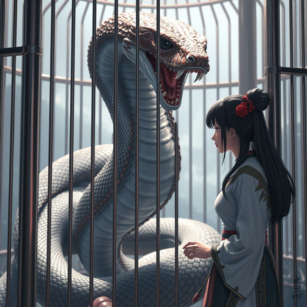 Woman Visits Trapped Naga in Elegant Anime Style
