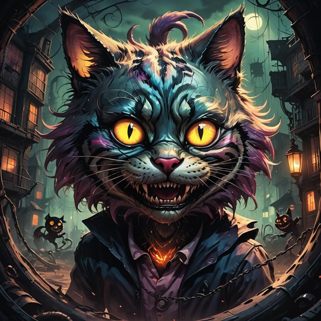 Alice Stares at Cheshire Cat in Dark World
