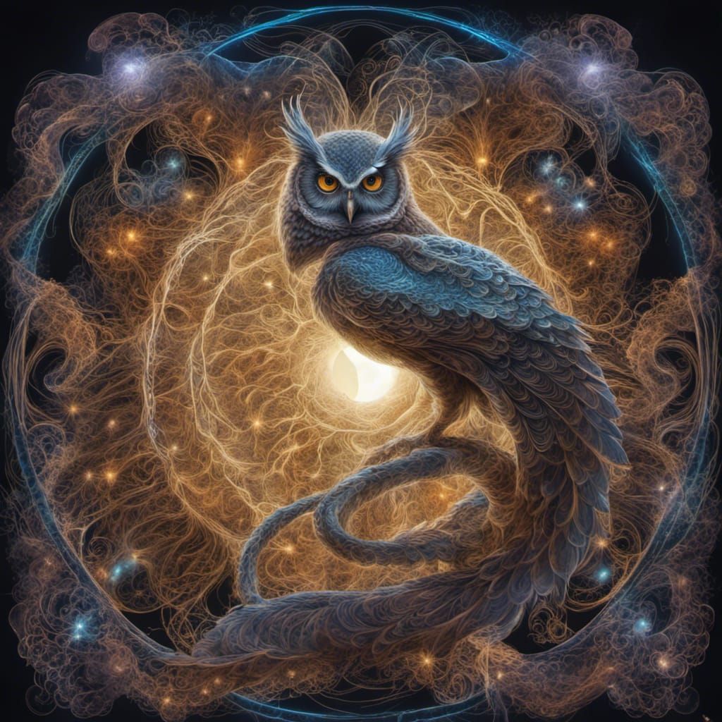 Bioluminescent Owl Serpent in Fractal Moonlight