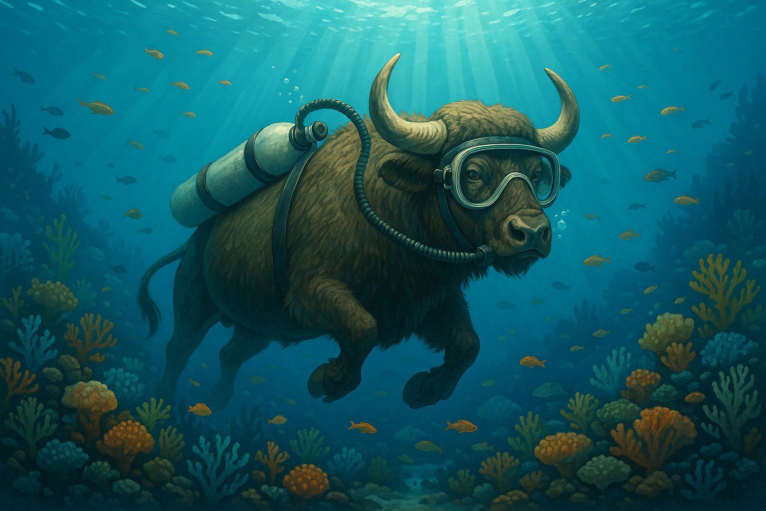 Buffalo Explores Coral Reef with Aqualung