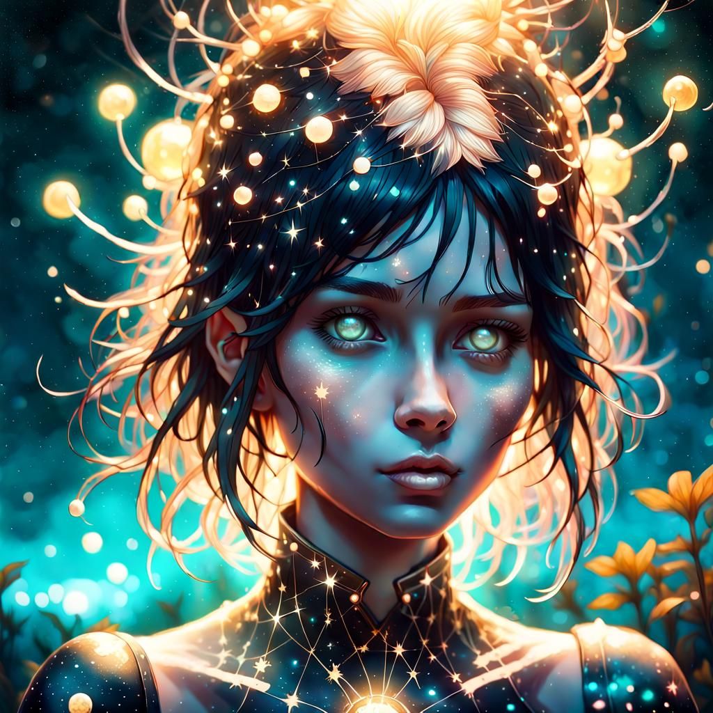 Raver Goth Girl Constellation in Bioluminescent Garden