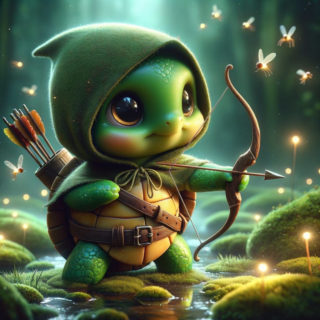 Baby Turtle as Robin Hood in Romantic Oil Painting
