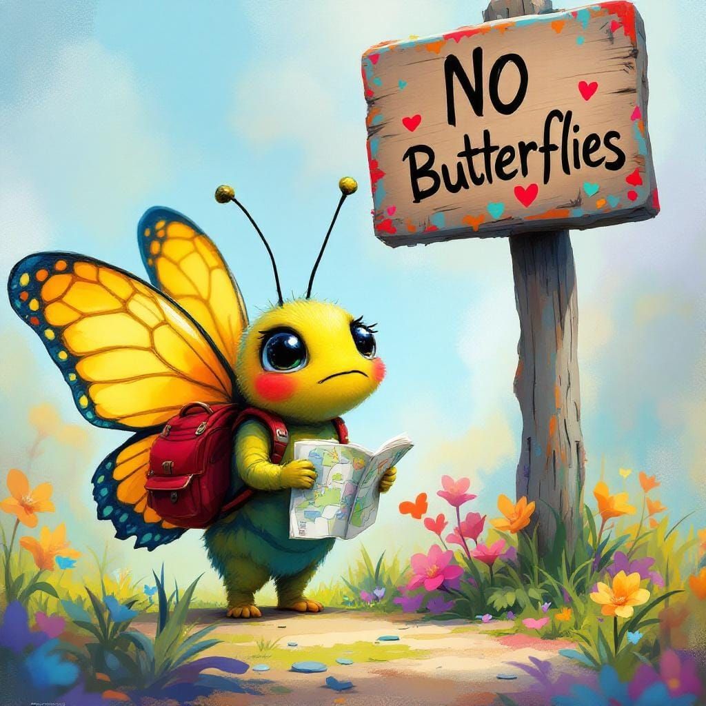 Puzzled Butterfly at Whimsical Signpost, Expressive Art