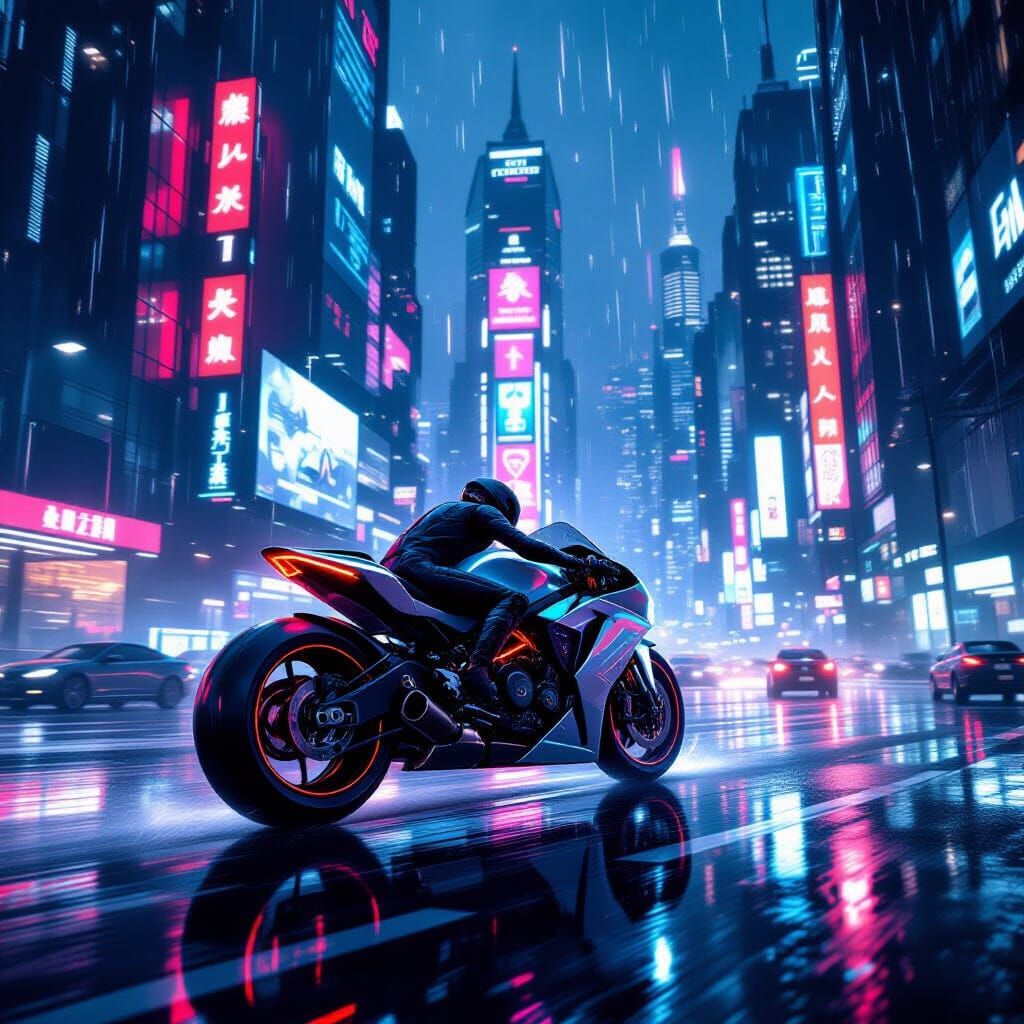 Futuristic Motorcycle Speeds Through Neon Cyberpunk City